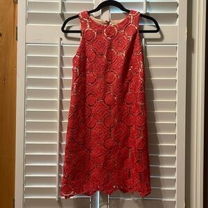 Eliza J dress. Nude satin with intricate coral lace overlay. Size 4P